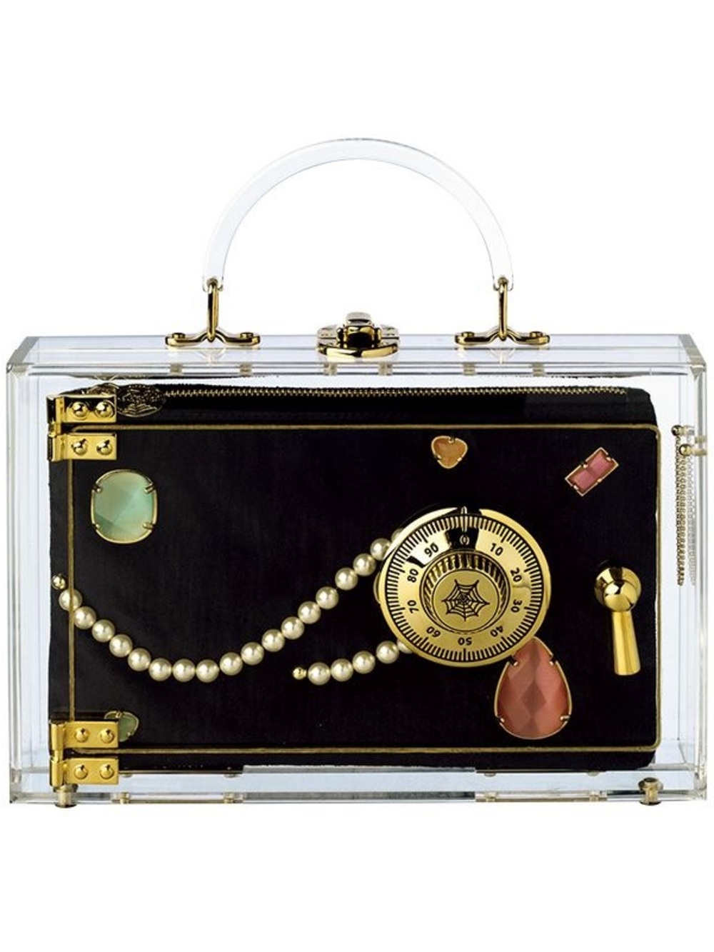 Charlotte Olympia Clear Trunk Box Clutch with Black Velvet and Gold Accents